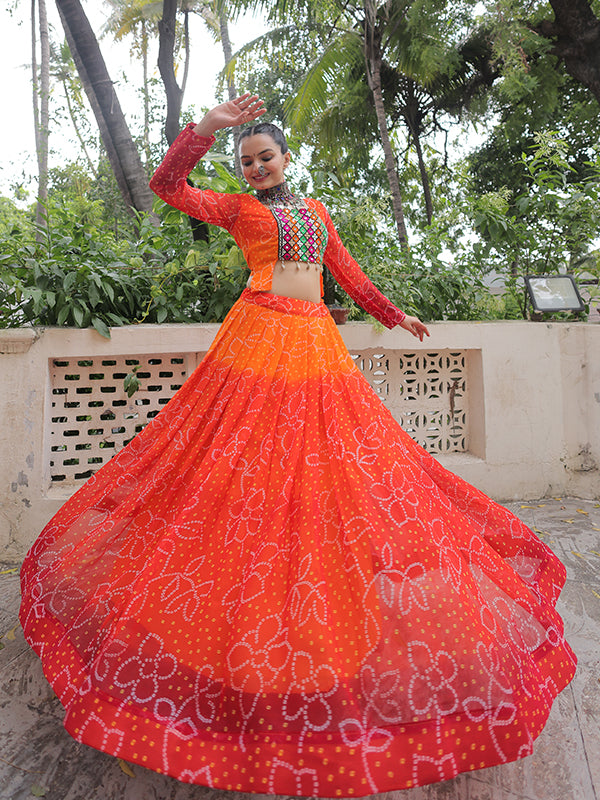 Orange Bandhani Printed Kutchi Gamthi Patch Work Lehenga Choli