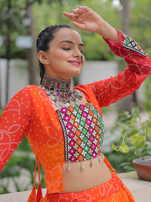 Orange Bandhani Printed Kutchi Gamthi Patch Work Lehenga Choli