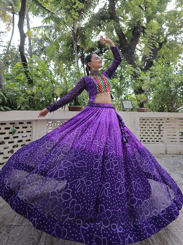 Purple Bandhani Printed Kutchi Gamthi Patch Work Lehenga Choli