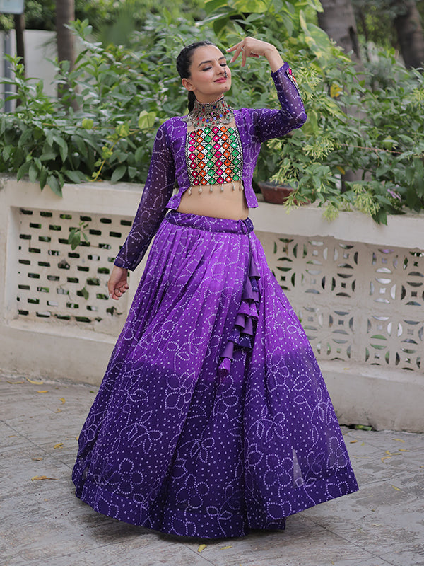 Purple Bandhani Printed Kutchi Gamthi Patch Work Lehenga Choli