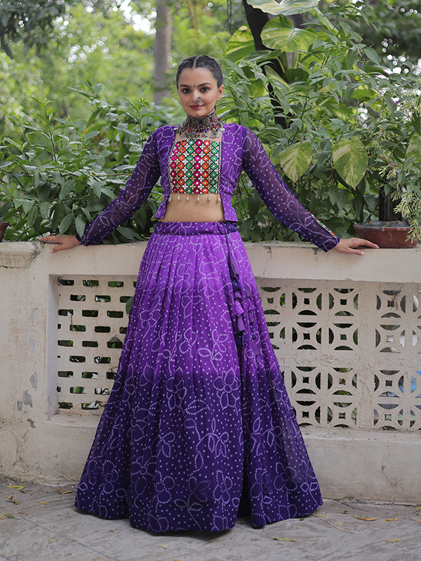 Purple Bandhani Printed Kutchi Gamthi Patch Work Lehenga Choli
