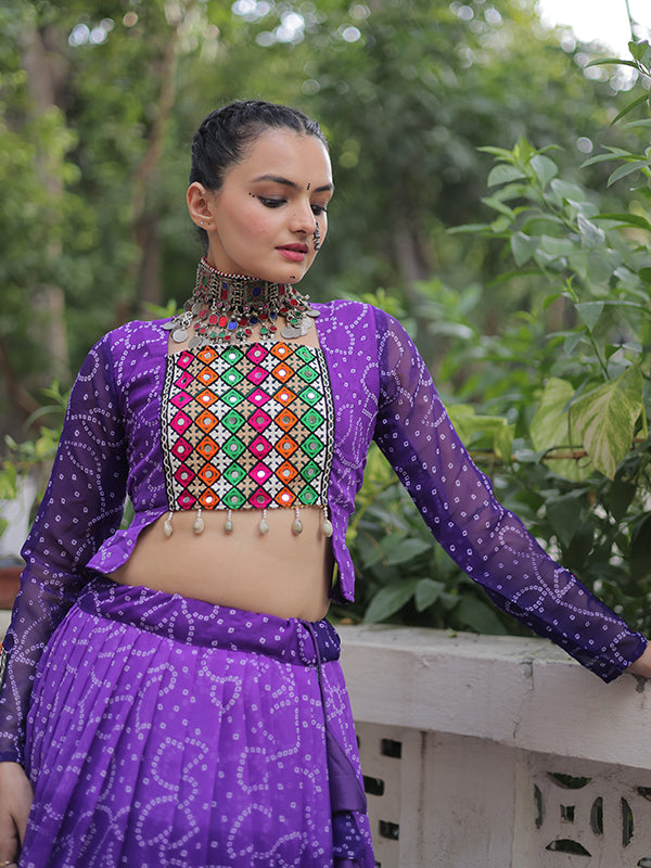 Purple Bandhani Printed Kutchi Gamthi Patch Work Lehenga Choli