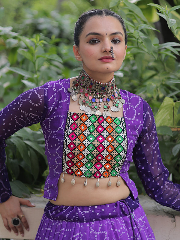 Purple Bandhani Printed Kutchi Gamthi Patch Work Lehenga Choli