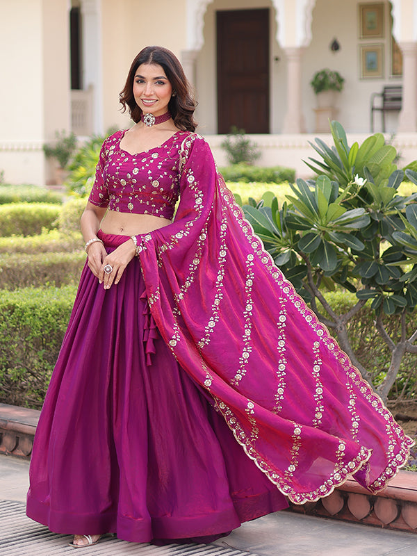 Dark Pink Sequins Thread Work Fendi Silk Lehenga Choli With Dupatta