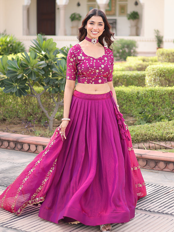 Dark Pink Sequins Thread Work Fendi Silk Lehenga Choli With Dupatta