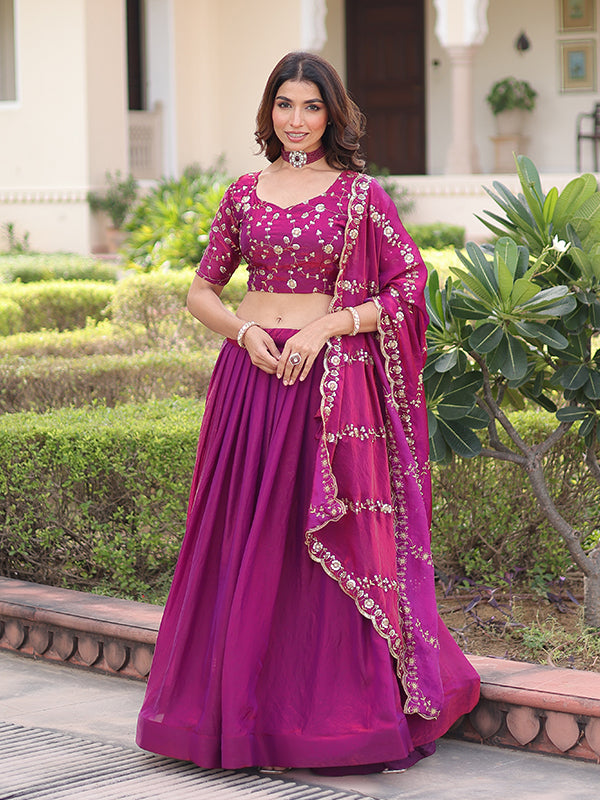 Dark Pink Sequins Thread Work Fendi Silk Lehenga Choli With Dupatta