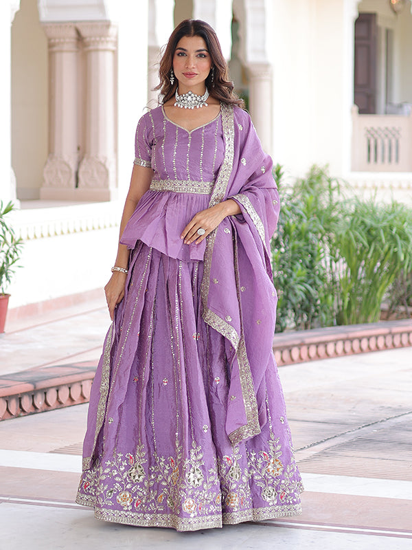 Light Purple Embroidery Zari Sequins Work Peplum Gold Crush Top With Lehenga & Dupatta