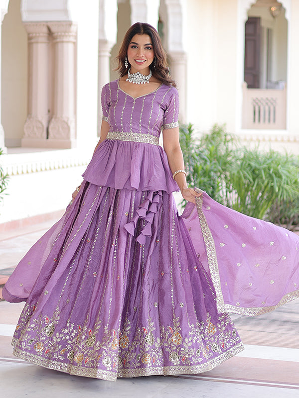 Light Purple Embroidery Zari Sequins Work Peplum Gold Crush Top With Lehenga & Dupatta