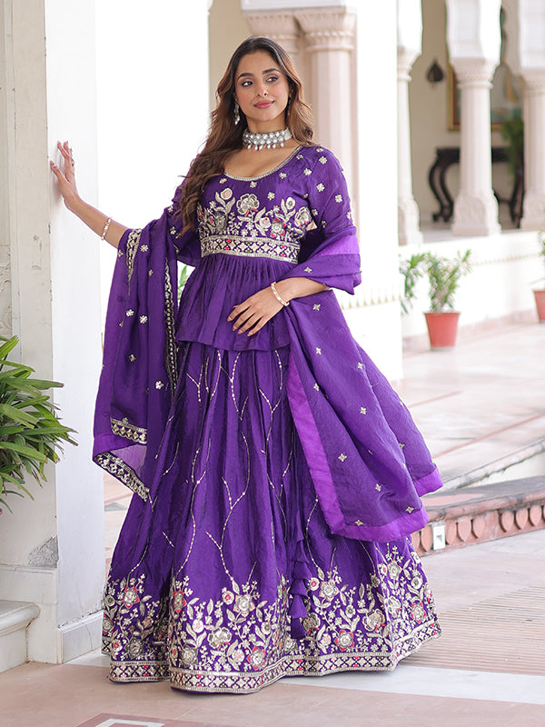 Purple Embroidery Zari Sequins Work Peplum Gold Crush Top With Lehenga & Dupatta