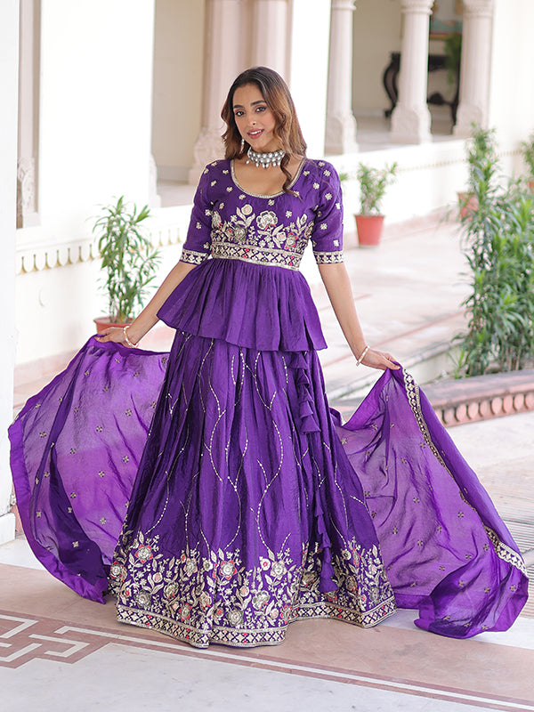 Purple Embroidery Zari Sequins Work Peplum Gold Crush Top With Lehenga & Dupatta