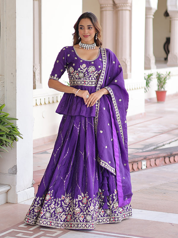 Purple Embroidery Zari Sequins Work Peplum Gold Crush Top With Lehenga & Dupatta