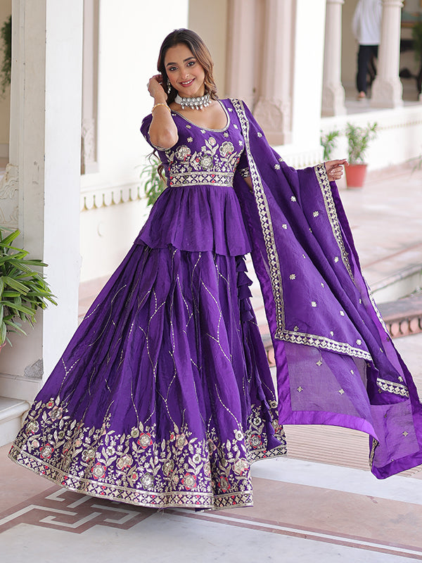 Purple Embroidery Zari Sequins Work Peplum Gold Crush Top With Lehenga & Dupatta