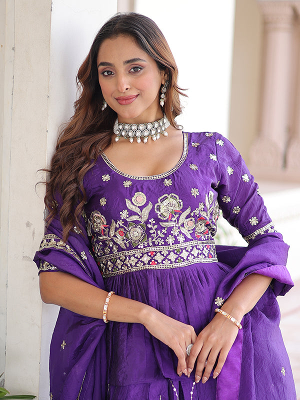 Purple Embroidery Zari Sequins Work Peplum Gold Crush Top With Lehenga & Dupatta