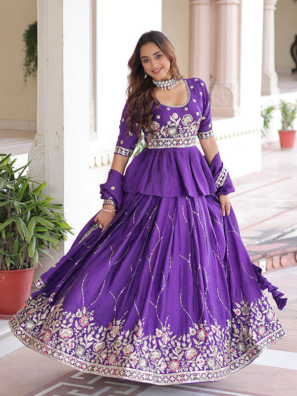 Purple Embroidery Zari Sequins Work Peplum Gold Crush Top With Lehenga & Dupatta
