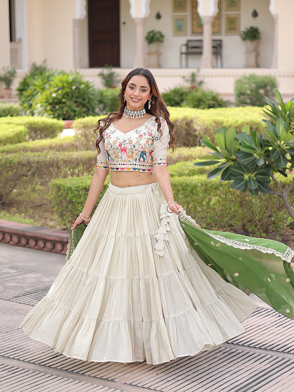 Off White Thread Embroidery Zari Work Lehenga Choli With Pista Green Dupatta