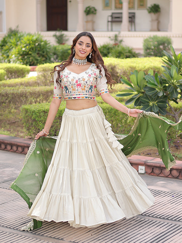 Off White Thread Embroidery Zari Work Lehenga Choli With Pista Green Dupatta