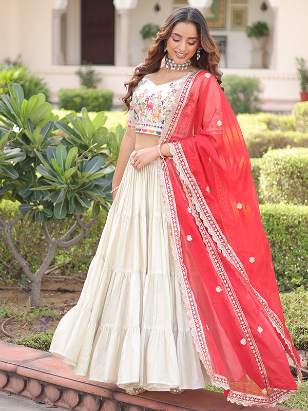 Off White Thread Embroidery Zari Work Lehenga Choli With Red Dupatta