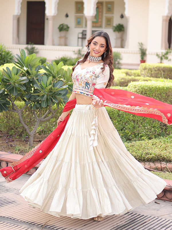 Off White Thread Embroidery Zari Work Lehenga Choli With Red Dupatta