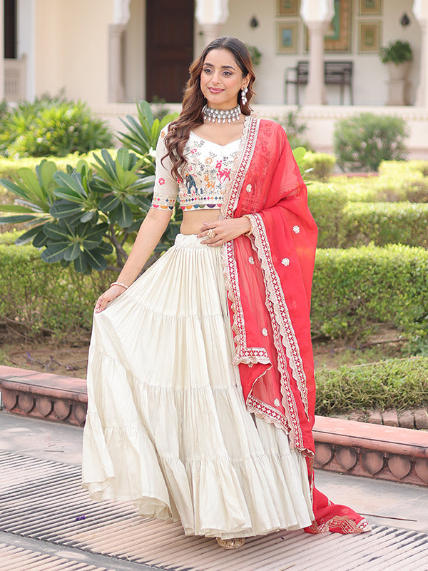 Off White Thread Embroidery Zari Work Lehenga Choli With Red Dupatta