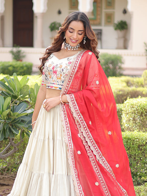 Off White Thread Embroidery Zari Work Lehenga Choli With Red Dupatta