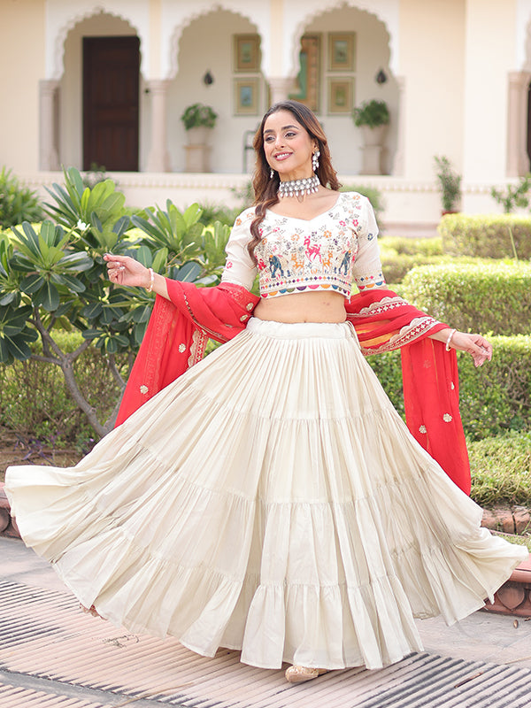 Off White Thread Embroidery Zari Work Lehenga Choli With Red Dupatta