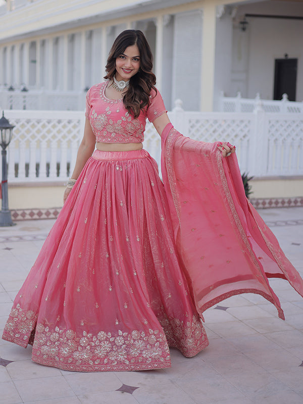 Light Pink Zari Thread Work Fendy Silk Lehenga Choli With Dupatta