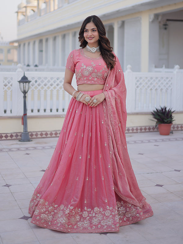 Light Pink Zari Thread Work Fendy Silk Lehenga Choli With Dupatta
