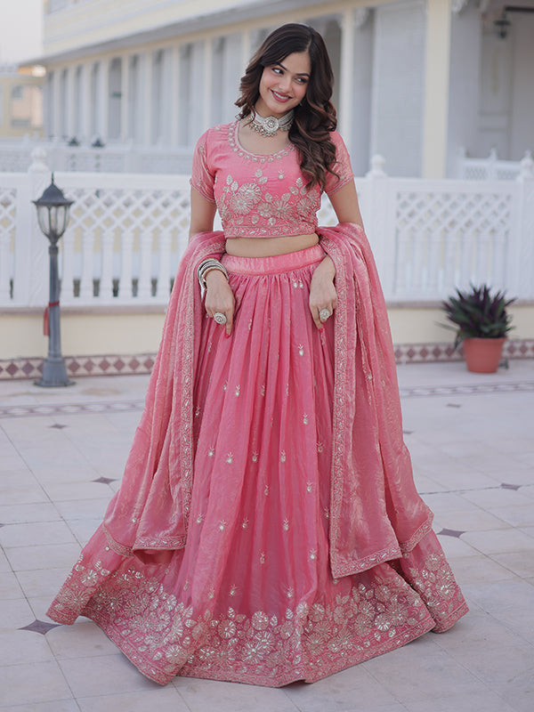 Light Pink Zari Thread Work Fendy Silk Lehenga Choli With Dupatta