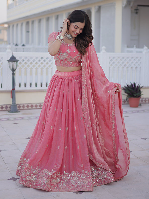 Light Pink Zari Thread Work Fendy Silk Lehenga Choli With Dupatta
