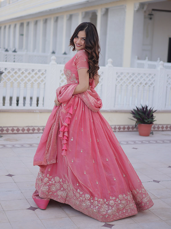Light Pink Zari Thread Work Fendy Silk Lehenga Choli With Dupatta