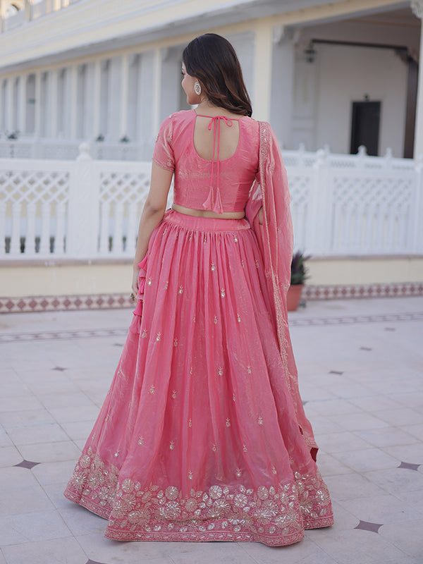 Light Pink Zari Thread Work Fendy Silk Lehenga Choli With Dupatta