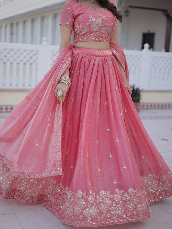 Light Pink Zari Thread Work Fendy Silk Lehenga Choli With Dupatta