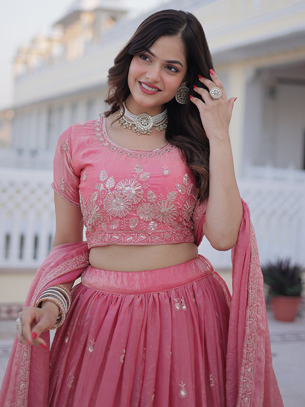 Light Pink Zari Thread Work Fendy Silk Lehenga Choli With Dupatta