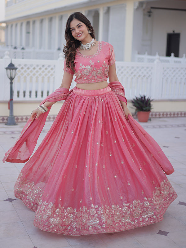 Light Pink Zari Thread Work Fendy Silk Lehenga Choli With Dupatta