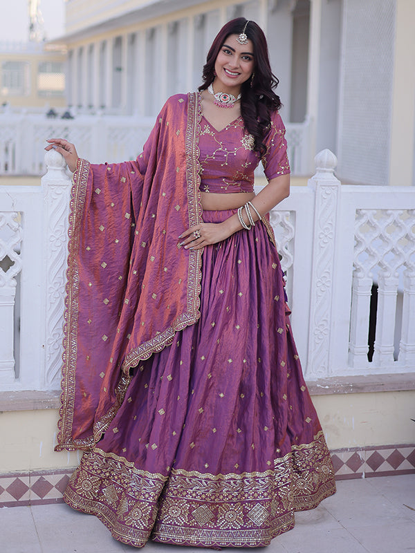 Pink Sequins Zari Embroidered Work Silk Lehenga Choli With Dupatta