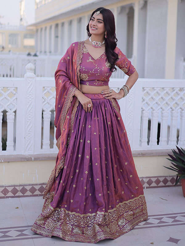 Pink Sequins Zari Embroidered Work Silk Lehenga Choli With Dupatta