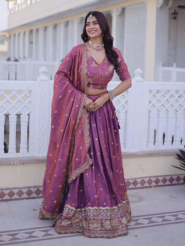 Pink Sequins Zari Embroidered Work Silk Lehenga Choli With Dupatta