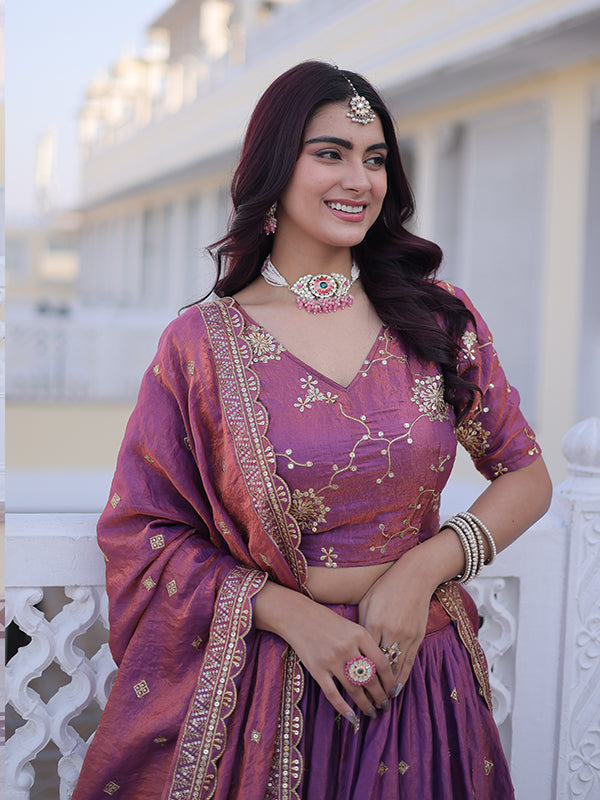 Pink Sequins Zari Embroidered Work Silk Lehenga Choli With Dupatta