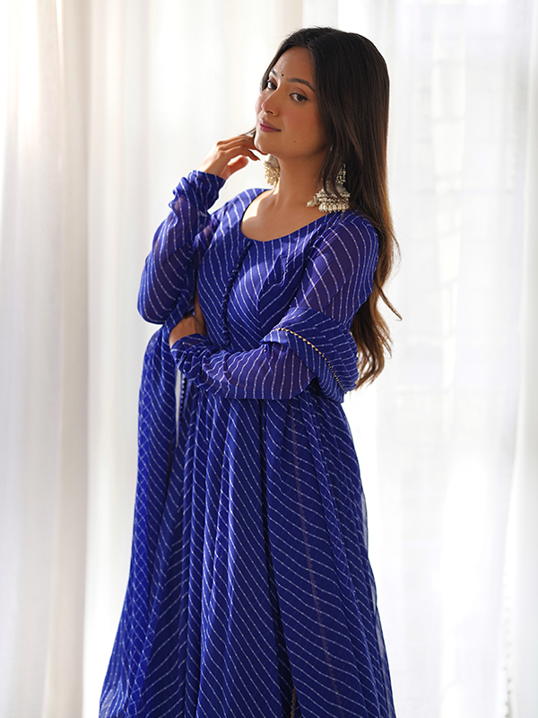 Royal Blue Lining Printed Anarkali Kurti With Pant & Dupatta Set