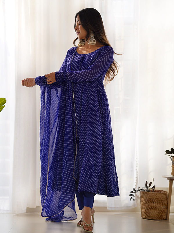 Royal Blue Lining Printed Anarkali Kurti With Pant & Dupatta Set