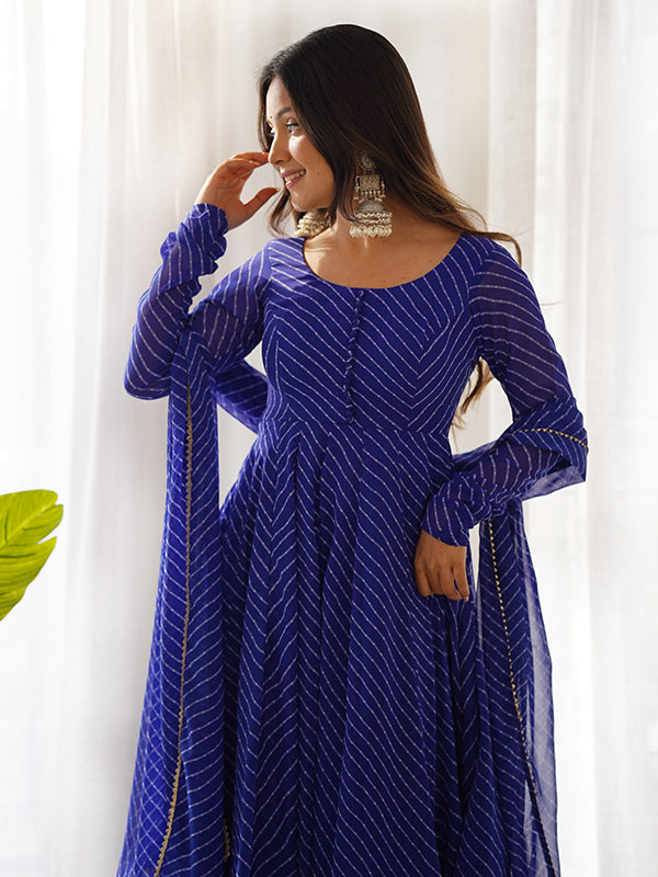 Royal Blue Lining Printed Anarkali Kurti With Pant & Dupatta Set