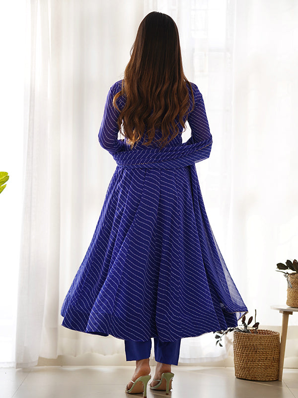 Royal Blue Lining Printed Anarkali Kurti With Pant & Dupatta Set