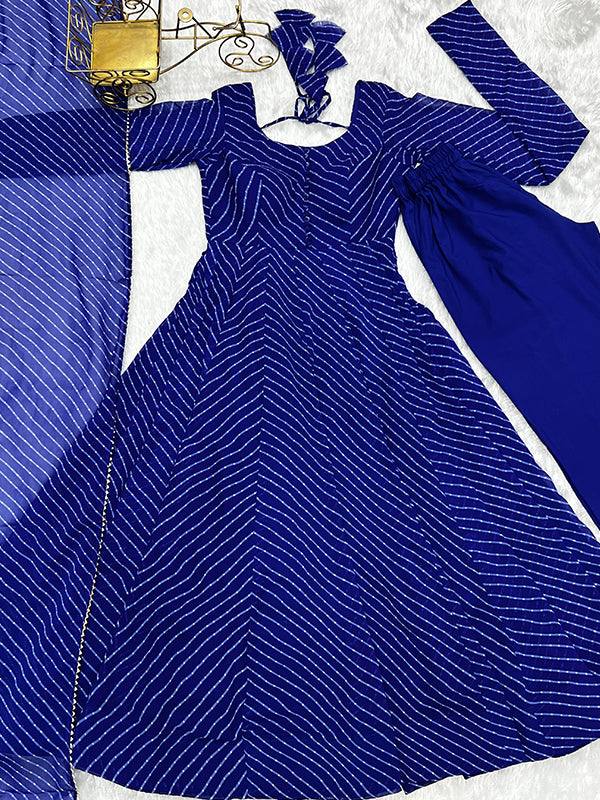 Royal Blue Lining Printed Anarkali Kurti With Pant & Dupatta Set