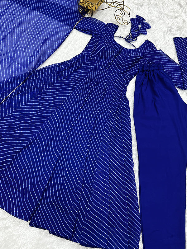 Royal Blue Lining Printed Anarkali Kurti With Pant & Dupatta Set