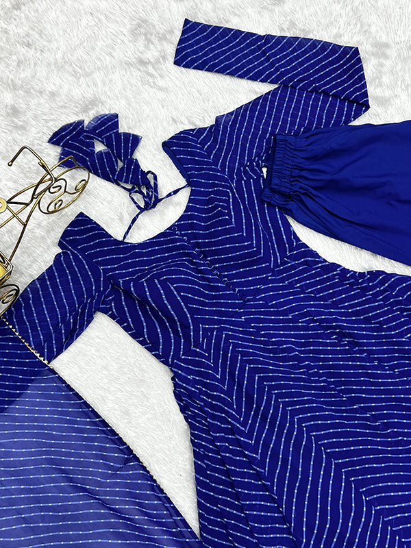 Royal Blue Lining Printed Anarkali Kurti With Pant & Dupatta Set