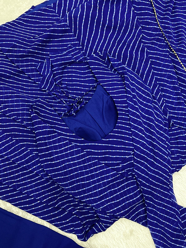 Royal Blue Lining Printed Anarkali Kurti With Pant & Dupatta Set