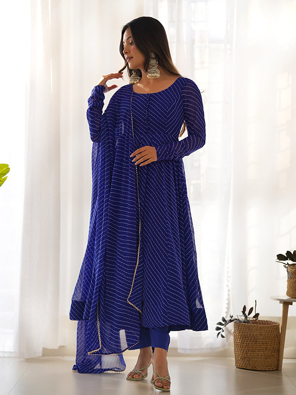 Royal Blue Lining Printed Anarkali Kurti With Pant & Dupatta Set