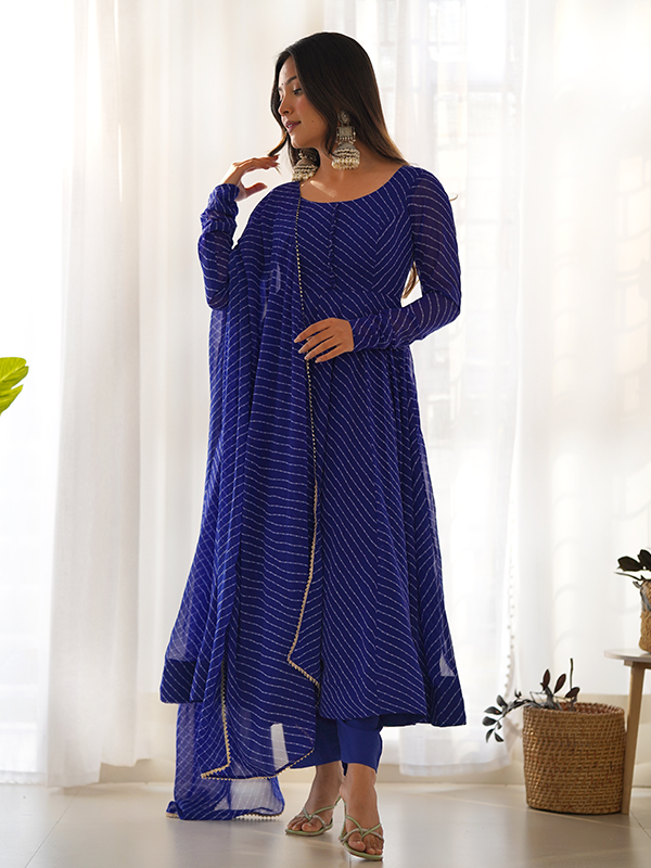 Royal Blue Lining Printed Anarkali Kurti With Pant & Dupatta Set