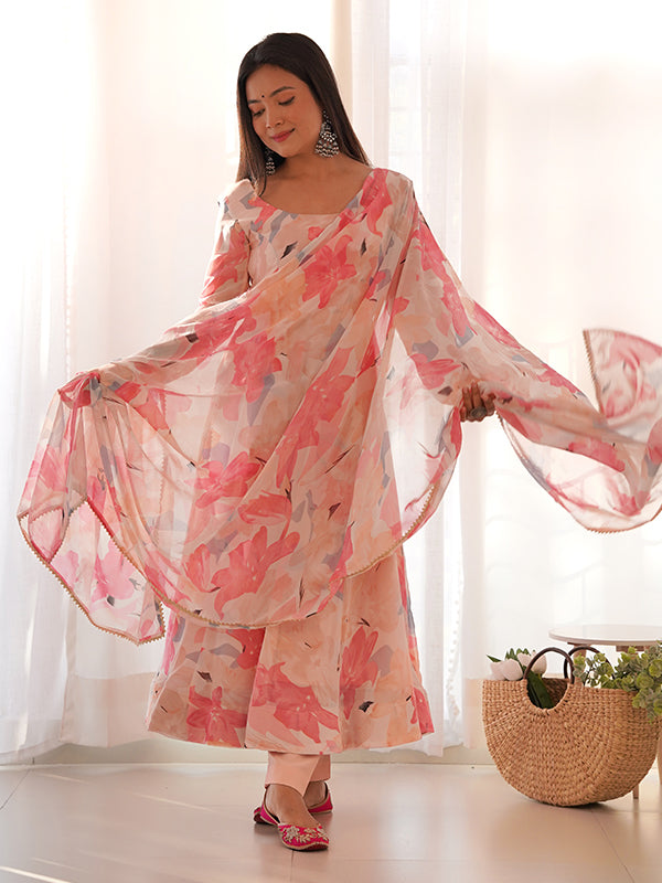 Light Pink Floral Printed Anarkali Kurti With Pant & Dupatta Set