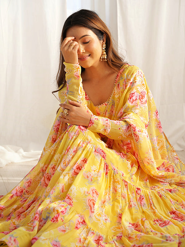 Yellow Layered Flower Printed Anarkali Gown With Pant & Dupatta Set